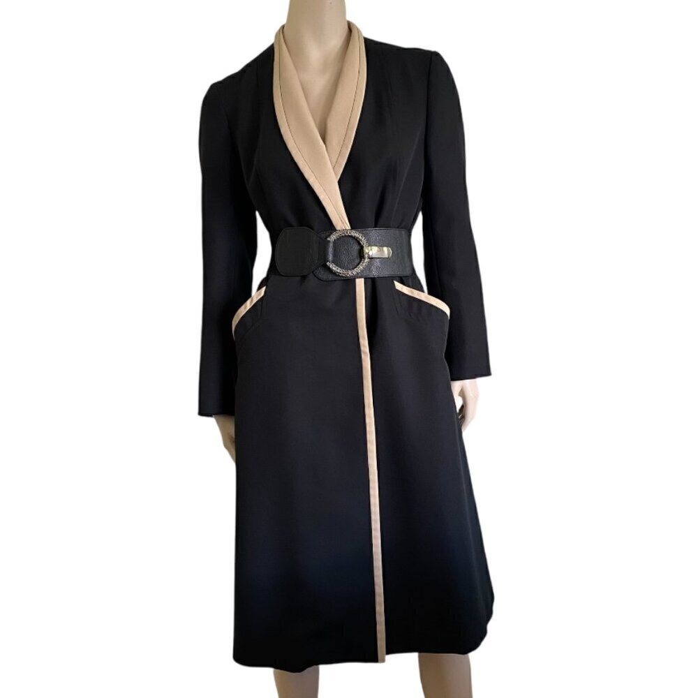 Vtg Monteselli ILGWU Trench Coat Black Tan Shawl Collar